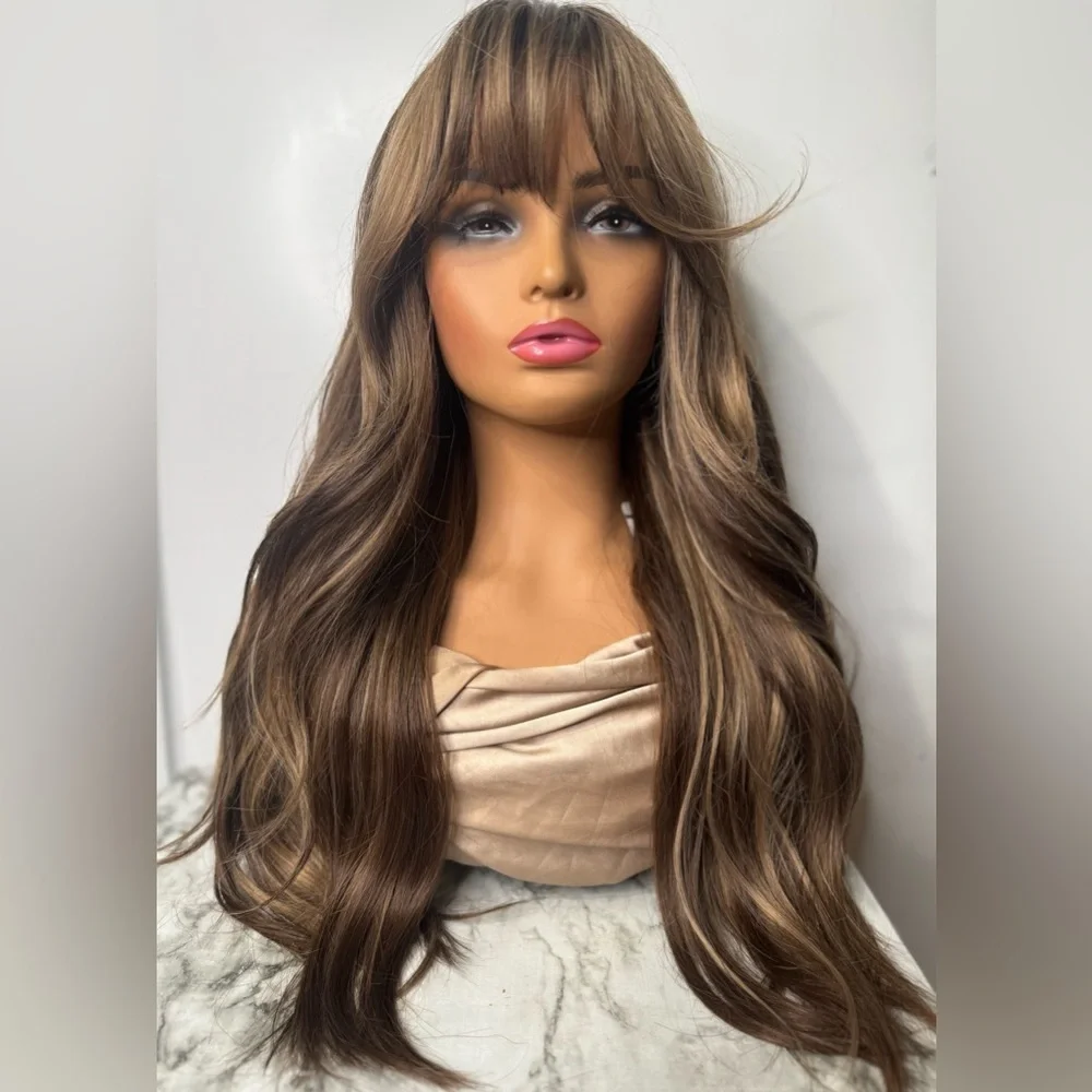 Long Brown Highlight Wig with Bangs Layered Wavy Synthetic Hair Adjustable Cap